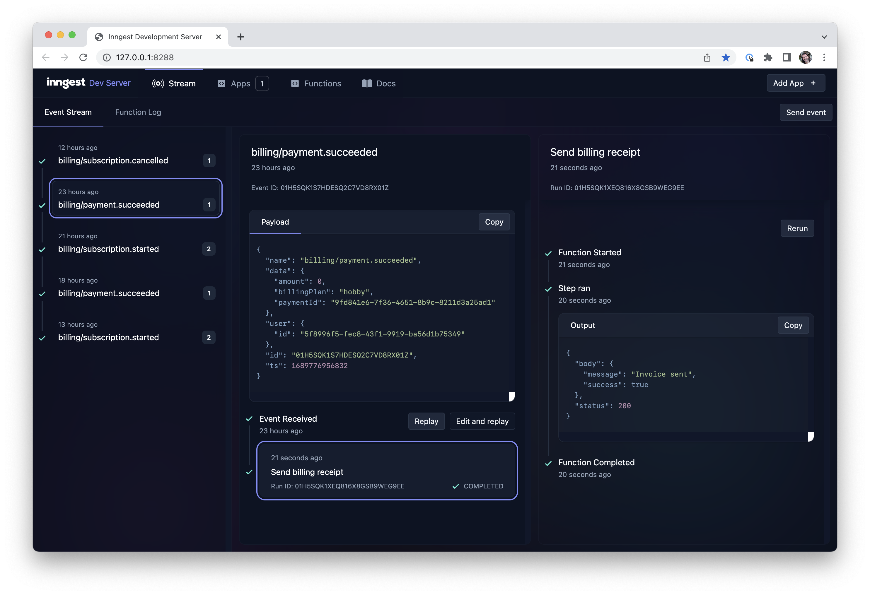 Screenshot of the Inngest Dev Server